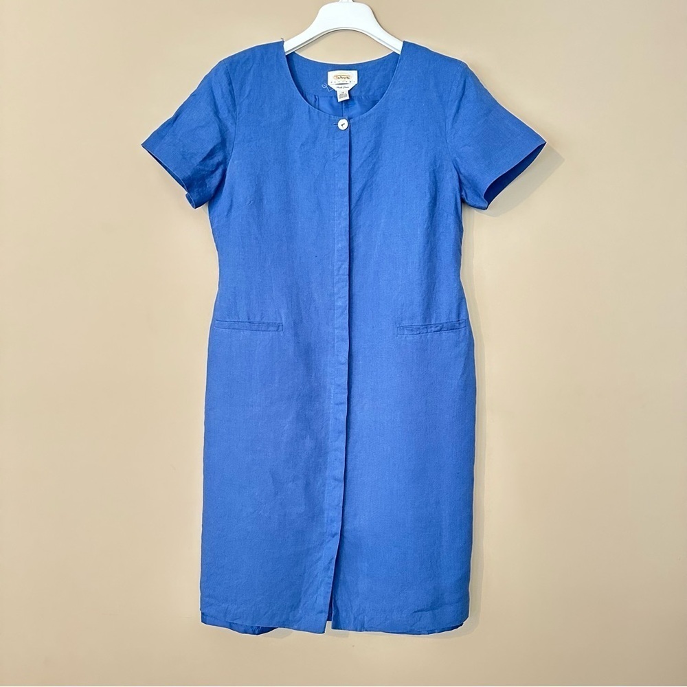 Vintage Talbots 12 Petite Irish Linen Blue Modest Dress Pockets Hidden Buttons